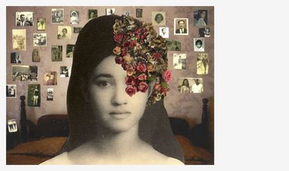 Photo of woman with flowers in her hair and other photos in background
