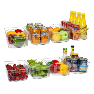 A set of transparent fridge organizer bins