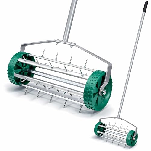 Divchi Garden Rolling Lawn Aerator Heavy Duty Metal Spikes - Rolling Lawn Aerator Tool With Handle - Manual Garden Soil Aeration Tools With Non Slip Handle