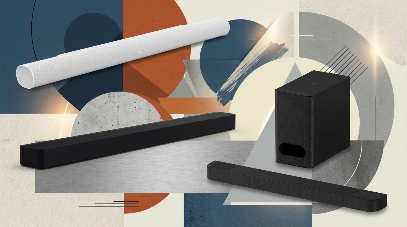 Three soundbars on an abstract background.