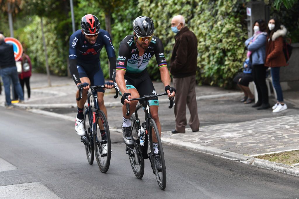 TORTORETO ITALY OCTOBER 13 Filippo Ganna of Italy and Team INEOS Grenadiers Peter Sagan of Slovakia and Team Bora Hansgrohe Breakaway during the 103rd Giro dItalia 2020 Stage 10 a 177km stage from Lanciano to Tortoreto girodiitalia Giro on October 13 2020 in Tortoreto Italy Photo by Tim de WaeleGetty Images