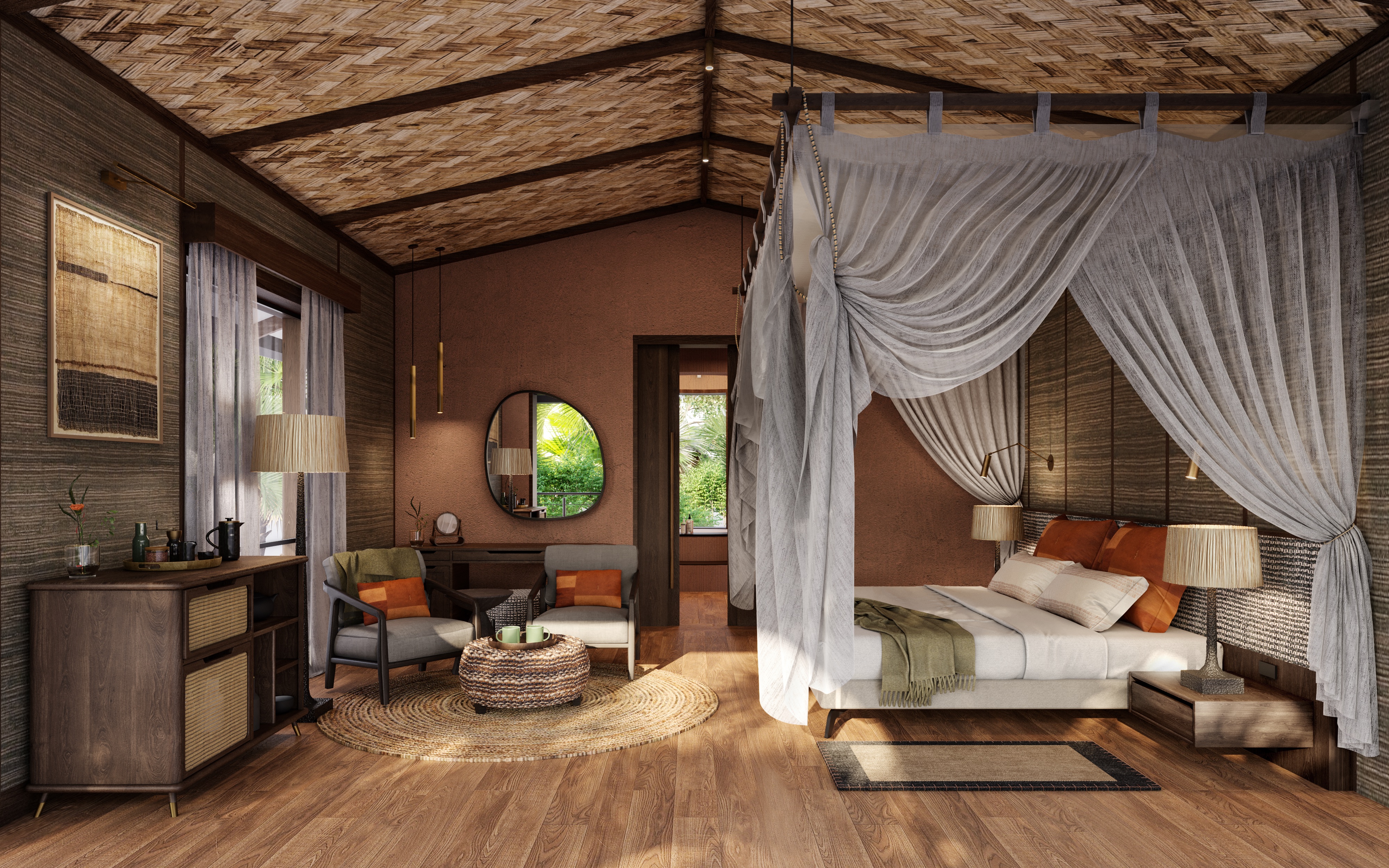 A rendering of a luxury tent with bed and canopy at Sanctuary Gorilla Forest Lodge in Uganda