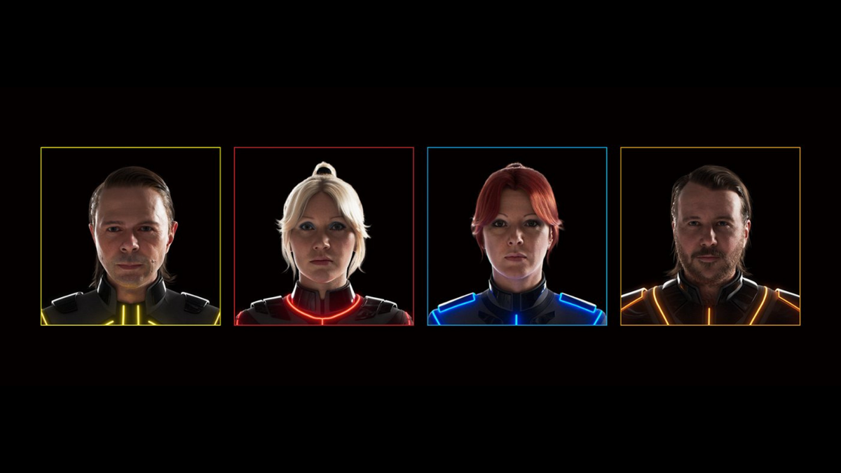 Younger versions of the ABBA members in techno suits on a black background