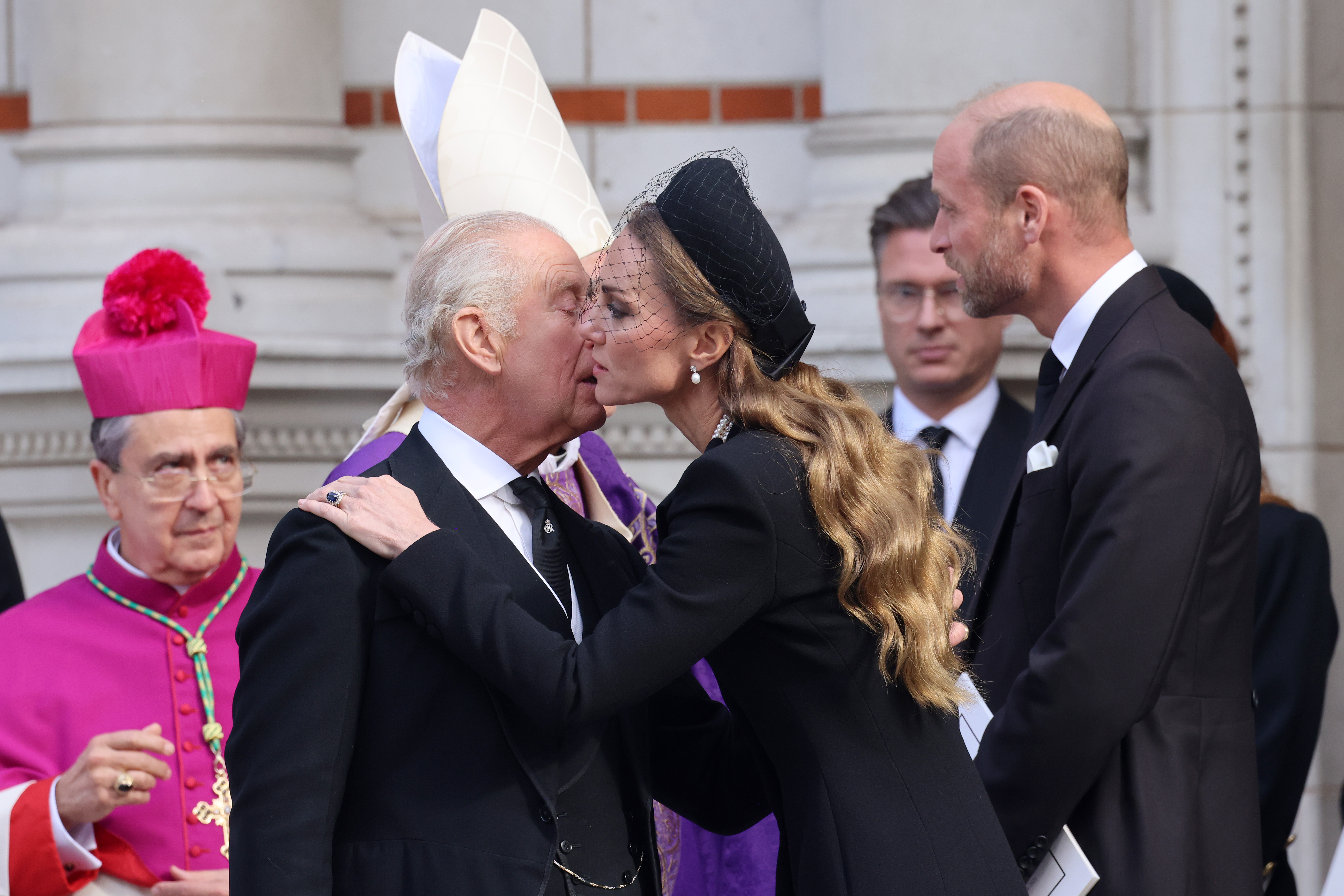 King Charles III hugs the Princess of Wales as they leave after the Requiem Mass service for the Duchess of Kent, at Westminster Cathedral, central London. Picture date: Tuesday September 16, 2025. This is the first Catholic funeral service held for a member of the royal family in modern British history. Katharine, the wife of the late Queen&#039;s cousin the Duke of Kent, converted to Catholicism in 1994.