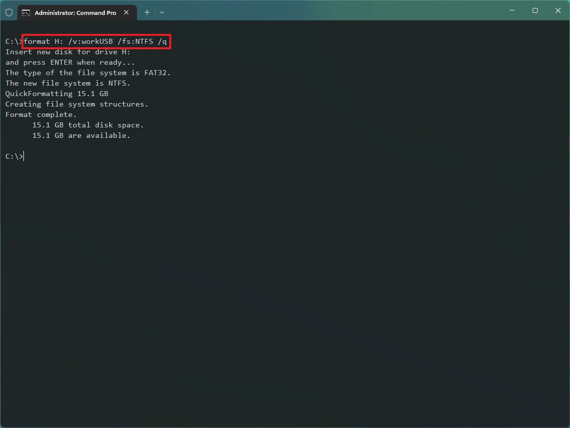 Command Prompt quick format USB flash drive