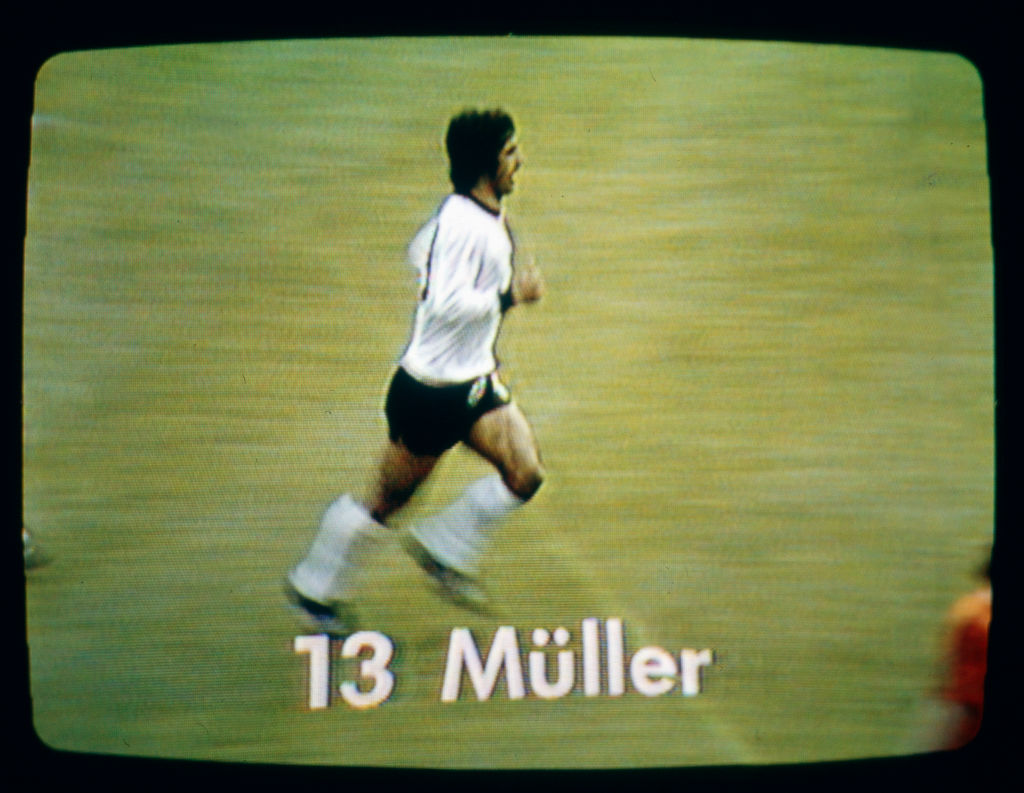 Gerd Mueller at the match Germany vs. The Netherlands at Munich Olmpic Stadium with the result of 2 : 1 vs. The Netherlands at Football World Championship, Germany 1970s.