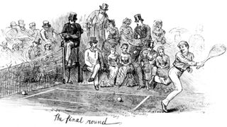 The final round of a tennis match at Wimbledon, 1879. An engraving by Swain.