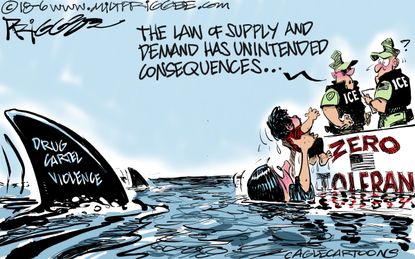 Political cartoon U.S. migrant crisis immigration family separation border policy zero tolerance ICE Trump supply demand