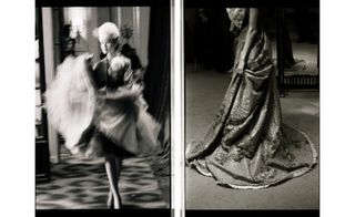 Black and white photos: Blurred image of a model walking the runway and a model having a dress fitting