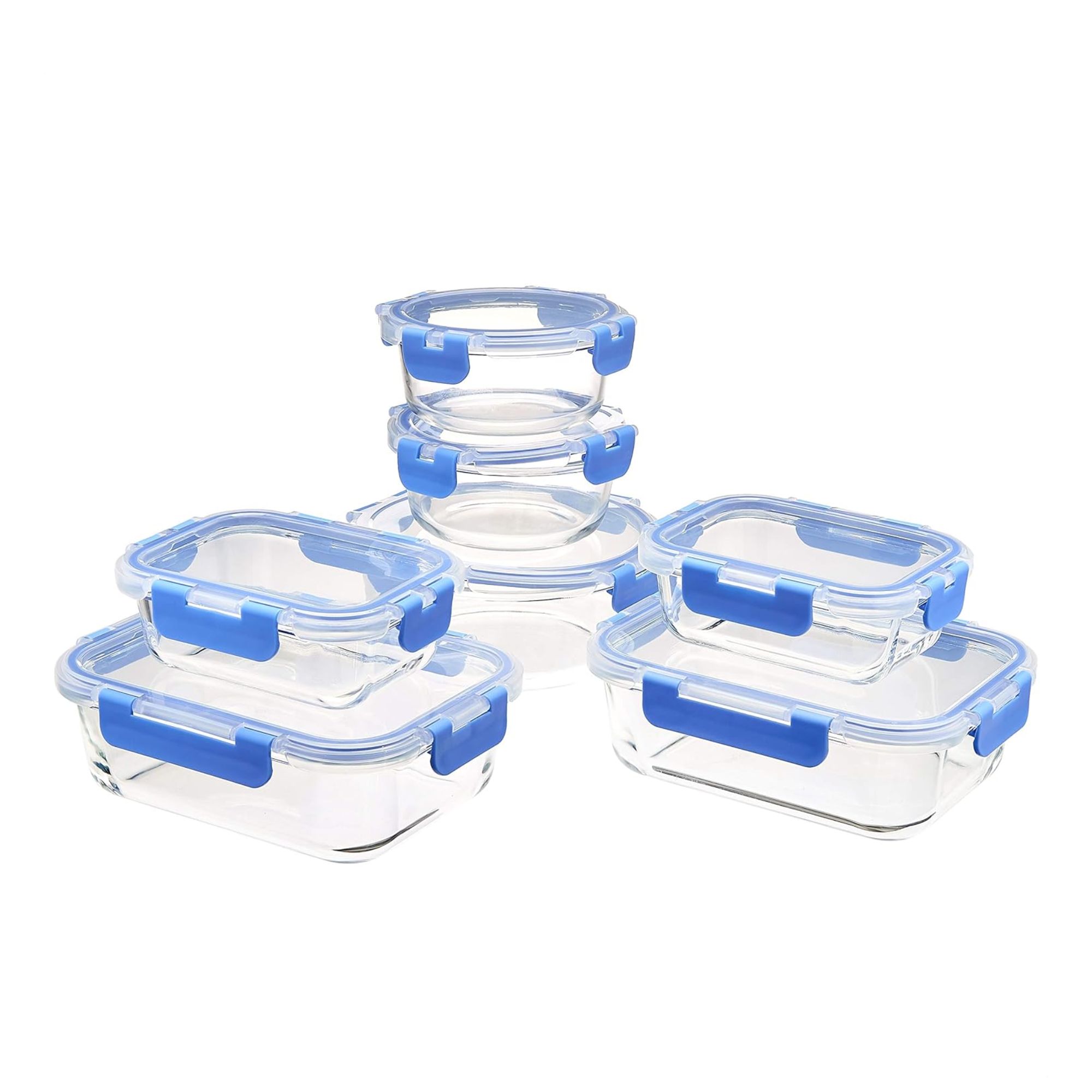 A set of glass food storage containers with blue locks