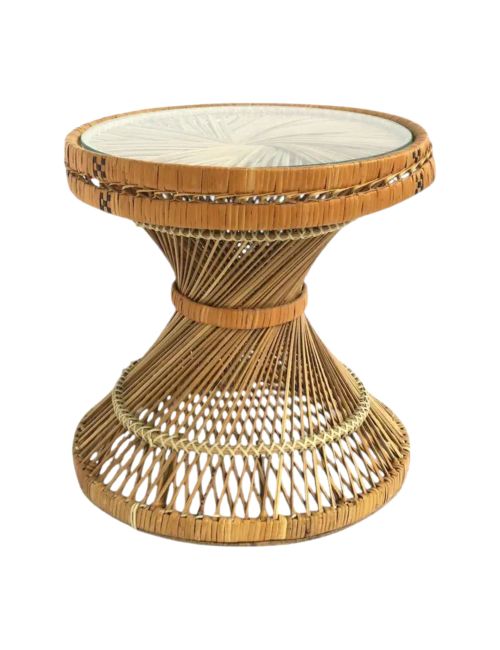 Wicker Glass Round Side Table, circa Mid-20th Century