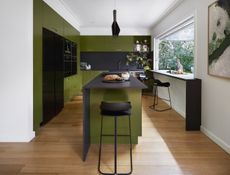 A dark green kitchen with black elements
