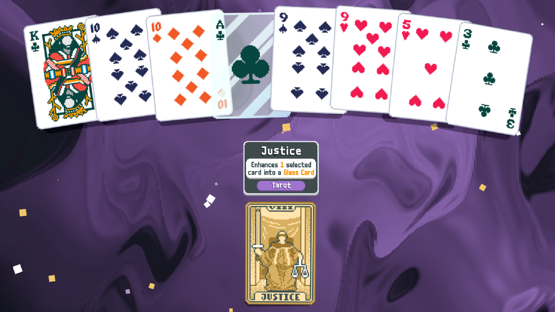 The Justice card, shown in Balatro gameplay