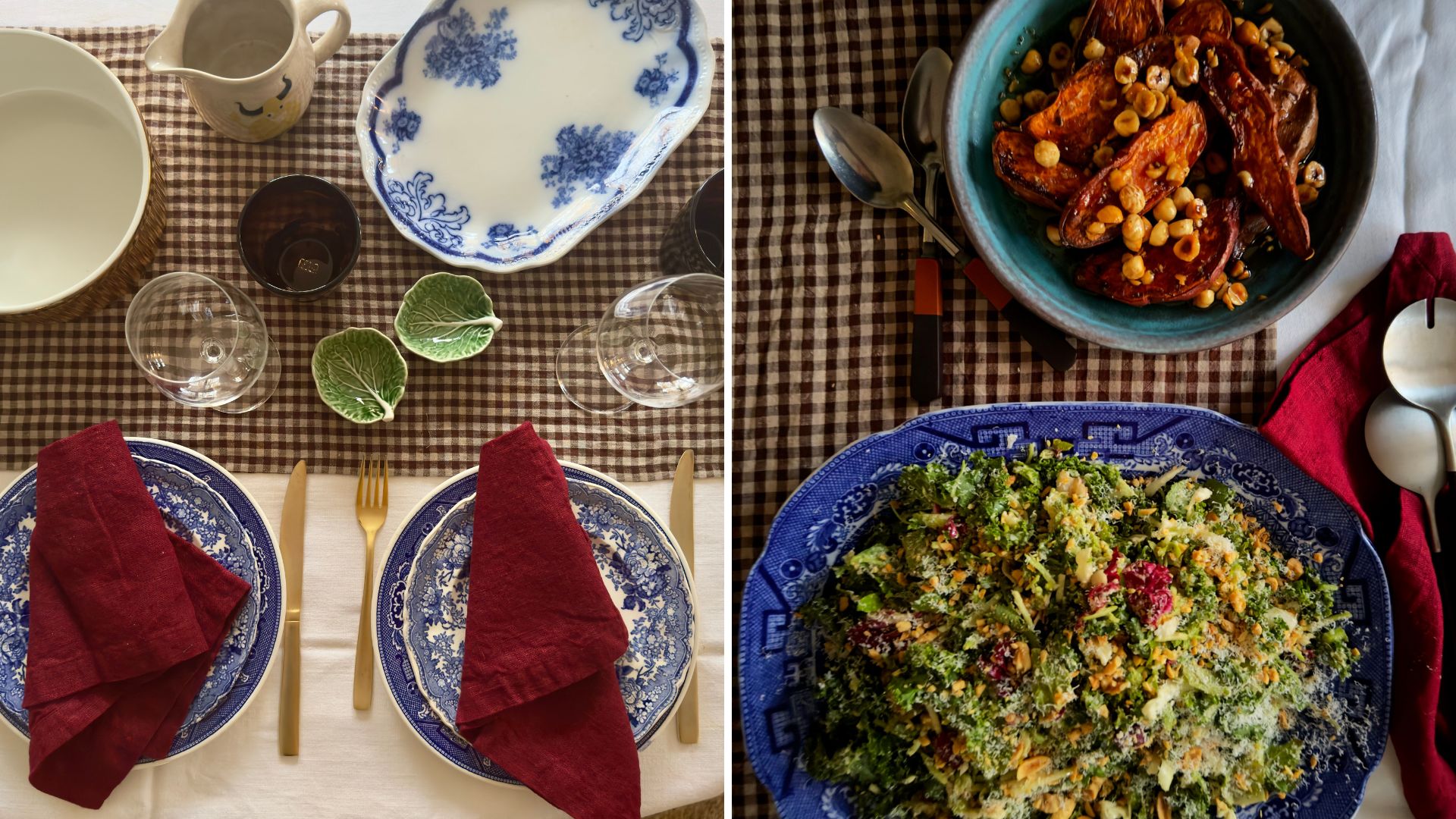 Table setting; salad and sweet potato dish