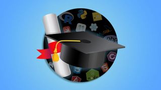 A mortar board and a scroll in front of coding icons