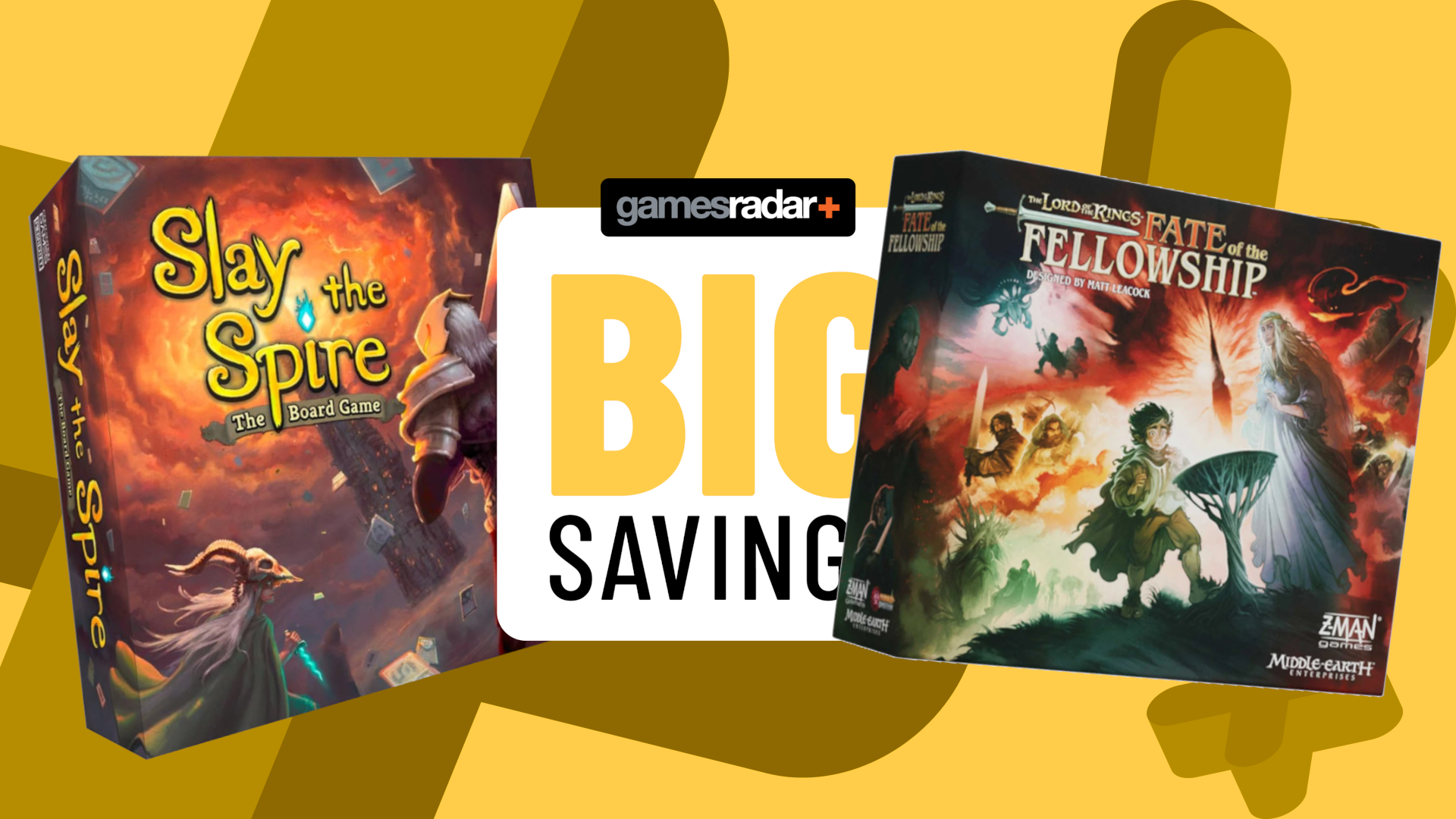 Slay the Spire and Fate of the Fellowship boxes on either side of a GamesRadar+ 'big savings' badge against a yellow background with crosses