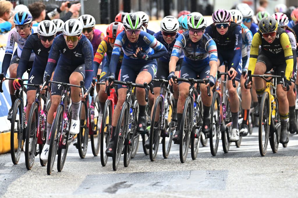 SCHOTEN BELGIUM APRIL 03 LR Mischa Bredewold of The Netherlands and Team SD WorxProtime Febe Jooris of Belgium and Noelle Ruetschi of Switzerland and AG InsuranceNxtg U23 Team compete during the 112th Scheldeprijs 2024 Womens Elite a 1305km one day race from Schoten to Schoten on April 03 2024 in Schoten Belgium Photo by Marc Van HeckeGetty Images