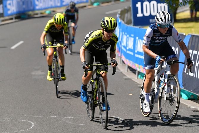 Amanda Spratt (Mitchelton-Scott) and Elisa Longo Borghini (Trek-Segafredo) near the top of the Challambra Crescent climb at the women's edition of the 2019 Cadel Evans Great Ocean Road Race