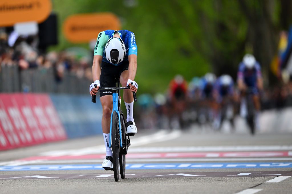TORINO ITALY MAY 04 Alex Baudin of France and Decathlon AG2R La Mondiale Team crosses the finish line during the 107th Giro dItalia 2024 Stage 1 a 140km stage from Venaria Reale to Torino UCIWT on May 04 2024 in Torino Italy Photo by Tim de WaeleGetty Images