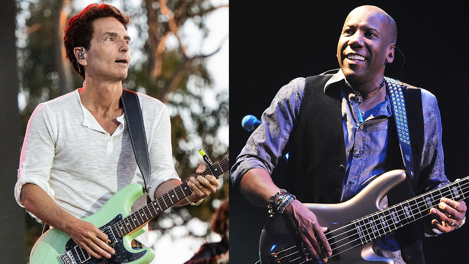 LEFT: Richard Marx performs onstage during the One805 Live Fall Concert benefiting First Responders on September 20, 2024 in Carpinteria, California. RIGHT: Nathan East of Toto performs live during their 35th Anniversary Tour at the Nippon Budokan on April 28, 2014 in Tokyo, Japan.  