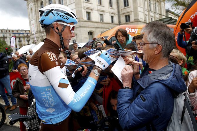 AG2R La Mondiale's Romain Bardet signs some autographs for his fans at the 2019 Criterium du Dauphine
