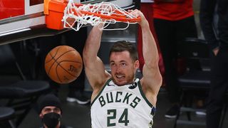 Pat Connaughton #24 of the Milwaukee Bucks dunks against the Atlanta Hawks during the second half in Game Six of the Eastern Conference Finals at State Farm Arena on July 03, 2021 in Atlanta, Georgia.