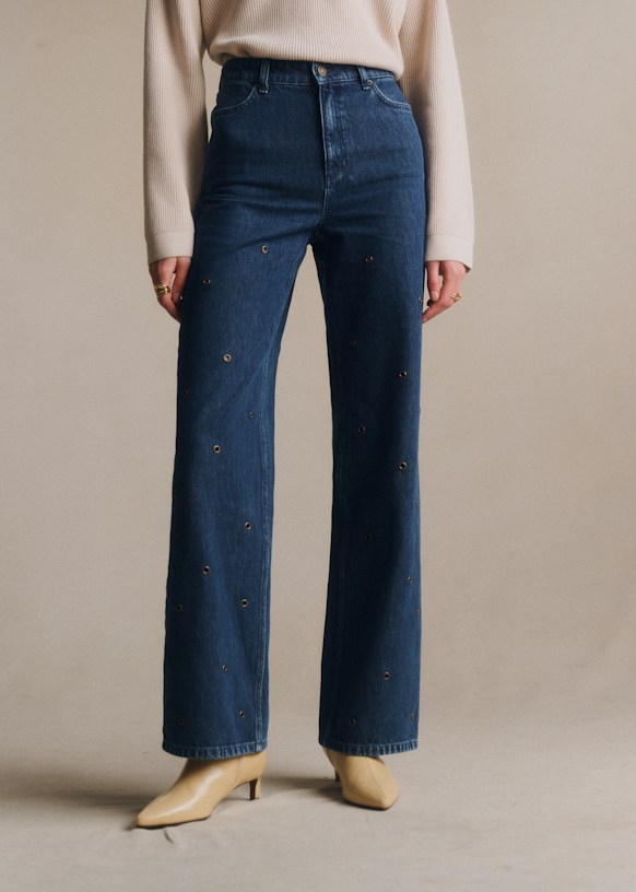 The Wide Leg Trousers - Dark Navy With Eyelet Embroidery - Organic Cotton - Organic Textile - S&amp;eacute;zane