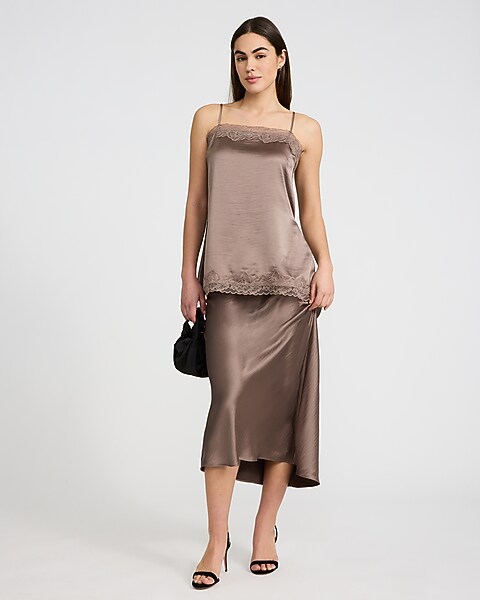 Express, Satin High Waisted Midi Slip Skirt