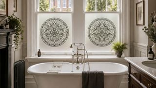 traditional bathroom with fireplace and column radiator with double sash window with privacy window film