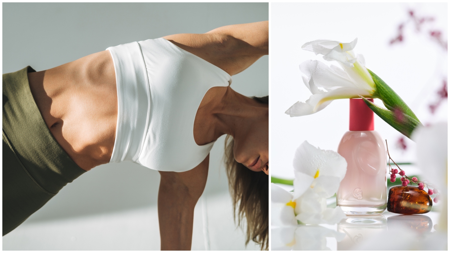 split image of woman in workout clothes with arm stretched overhead and glossier perfume bottles surrounded by white flowers