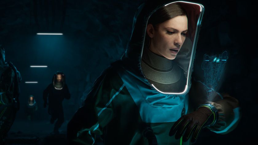 Level Zero: Extraction image - woman in an HEV suit looking at a holographic image being projected by her presumably very expensive wristwatch