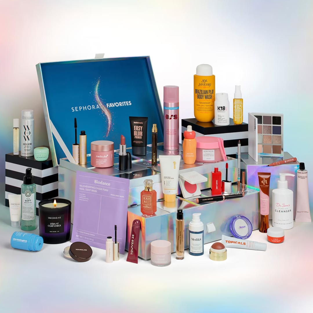 Sephora Favourites Advent Calendar 2026 with its contents in front of it