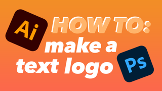 The logos of Adobe Illustrator and Photoshop are hovering around the text &#039;How to: Make a Text Logo&#039; on a gradient orange background.