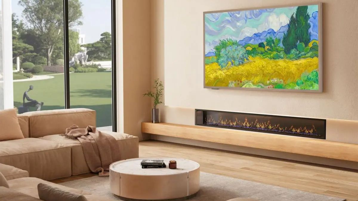Lifestyle image of Hisense Canvas TV S7N situated in a living room, displaying art
