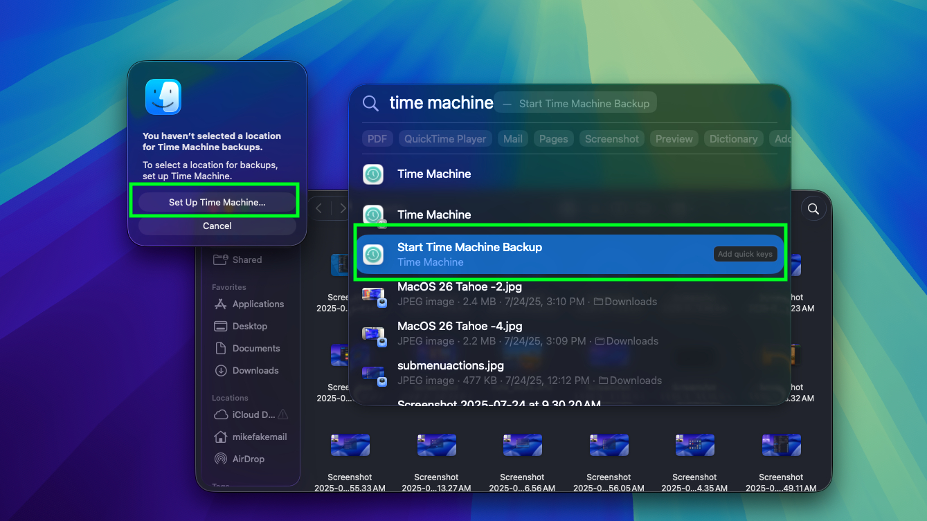 Starting Time Machine from the Spotlight Search menu