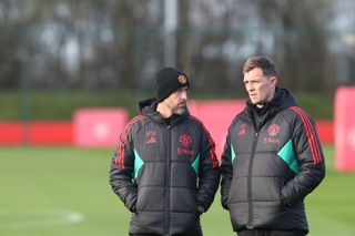 Manager Erik ten Hag, Technical Director Darren Fletcher of Manchester United in action during a first team training session at Carrington Training Ground on January 04, 2024 in Manchester, England. (Photo by John Peters/Manchester United via Getty Images)