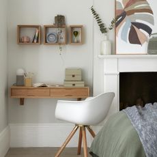 home office with white chair and wall with desk