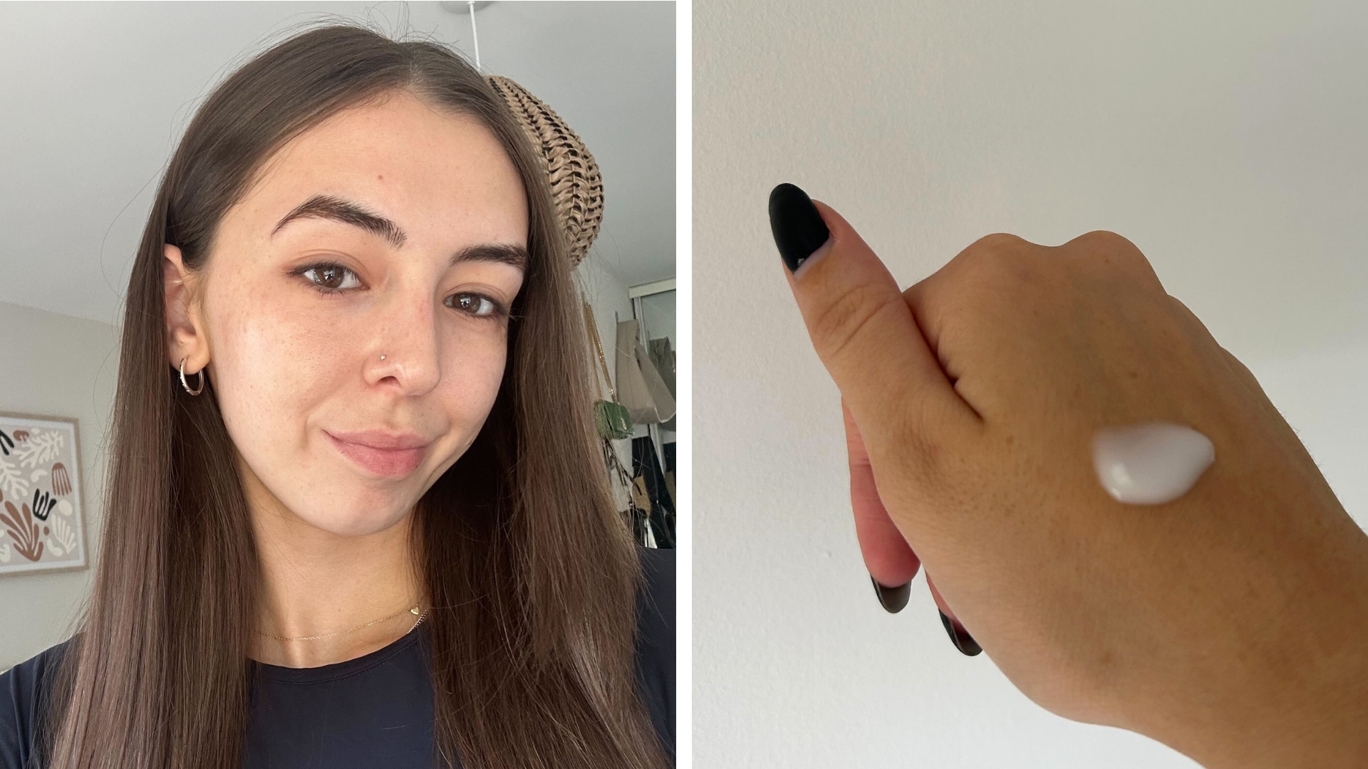 Collage of images showing Sennen Prickett's skin immediately after applying the Cetaphil Daily Hydrating Moisturiser and a swatch of the moisturiser on the back of a hand