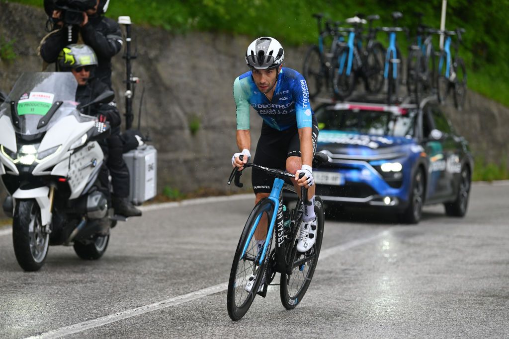 SAPPADA ITALY MAY 24 Andrea Vendrame of Italy and Decathlon AG2R La Mondiale Team competes in the breakaway during the 107th Giro dItalia 2024 Stage 19 a 157km stage from Mortegliano to Sappada 1236m UCIWT on May 24 2024 in Sappada Italy Photo by Dario BelingheriGetty Images