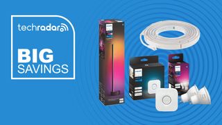 Various Philips Hue products on a blue background