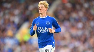 Anthony Gordon of Everton in action during the Premier League match between Everton FC and Chelsea FC at Goodison Park on August 06, 2022 in Liverpool, England.