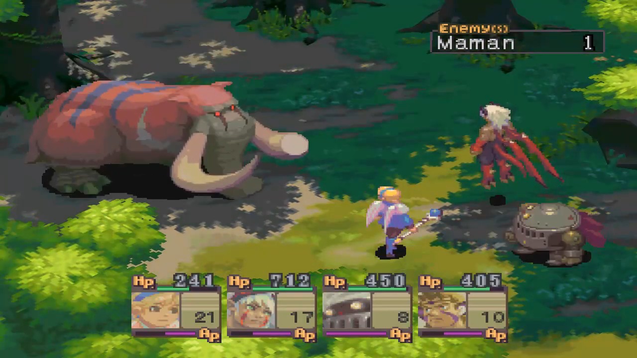 An in-game image of the heroes fighting a giant monster in Breath of Fire 4.