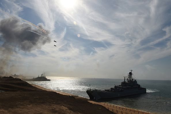 Russian navy ships practice military exercises in the Black Sea.