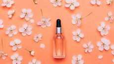 Natural cosmetics oil on a coral flower background. Spring care concept. Flat lay style.