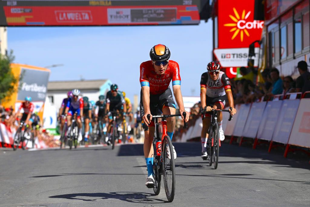 MONTILLA, SPAIN - SEPTEMBER 02: Fred Wright of United Kingdom and Team Bahrain Victorious crosses the finish line during the 77th Tour of Spain 2022, Stage 13 a 168,4km stage from Ronda to Montilla 315m / #LaVuelta22 / #WorldTour / on September 02, 2022 in Montilla, Spain. (Photo by Tim de Waele/Getty Images)