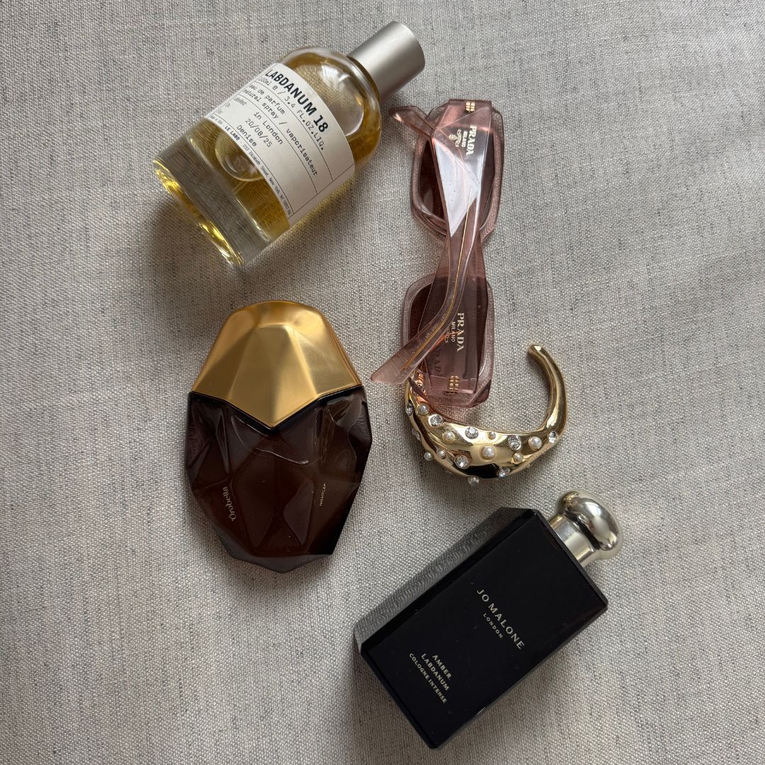 An image showing a selection of labdanum perfumes, courtesy of @deniseprimbet (including Le Labo, Jo Malone London and Orebella)