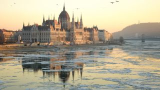 Hungarian Parliament Building in Budapest pictured at dawn