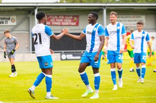 Barrow season preview 2023/24 Tyrell Warren #21 of Barrow AFC celebrates his goal during the Pre-season Friendly match between FC United of Manchester and Barrow at Broadhurst Park, Moston on Saturday 8th July 2023. (Photo by Mike Morese/MI News/NurPhoto via Getty Images)