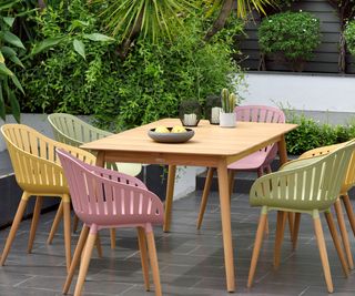 colourful garden furniture on paved patio
