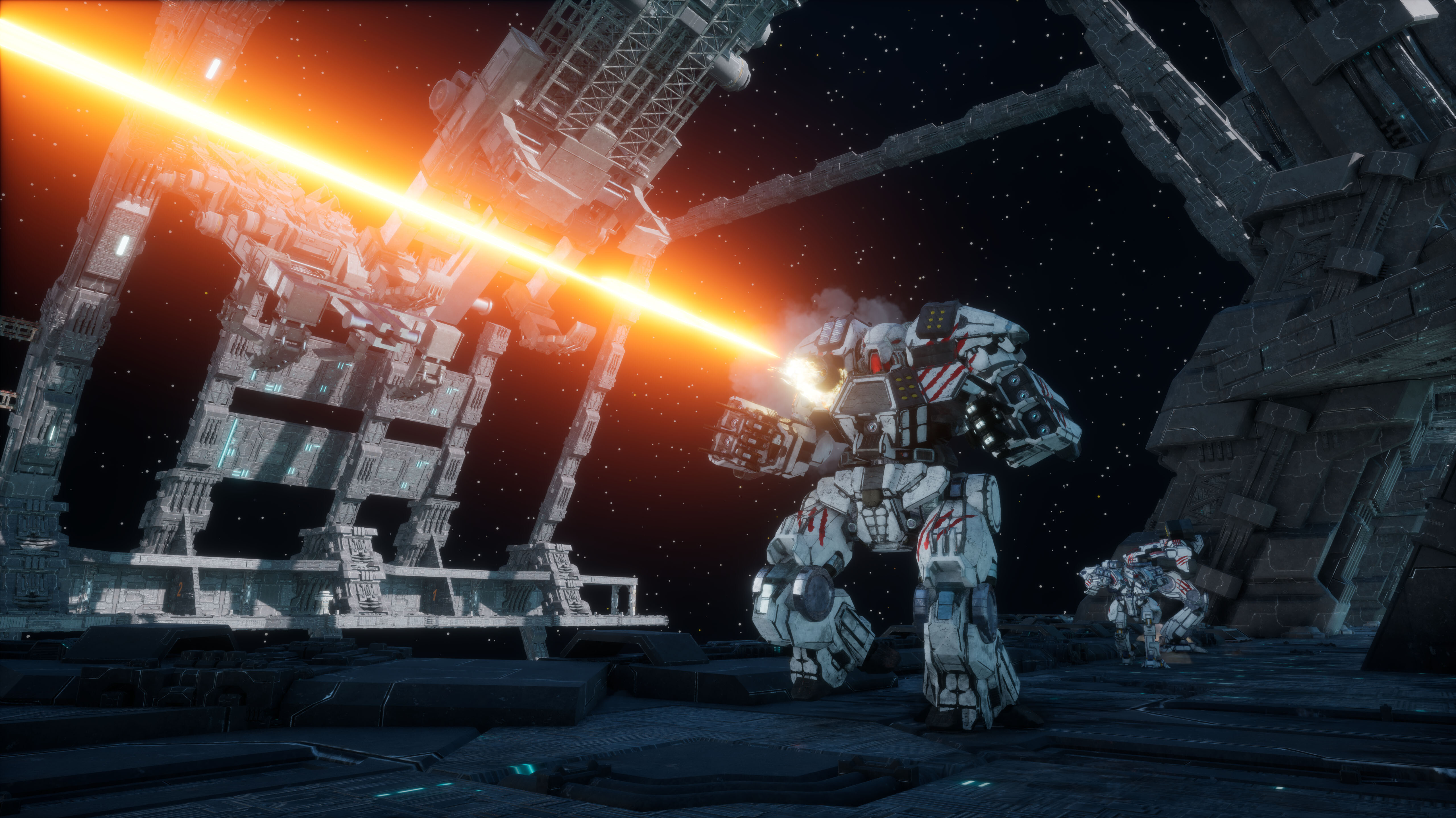 A mech fires out an orange laser toward the top left corner of the image, while stood among the superstructure of a large spaceship.